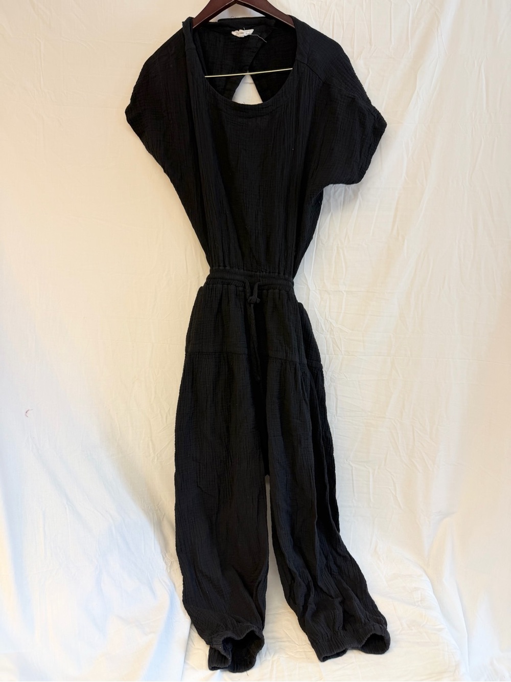 Relaxed Black Women's Cotton Jumpsuit with Drawstring Waist